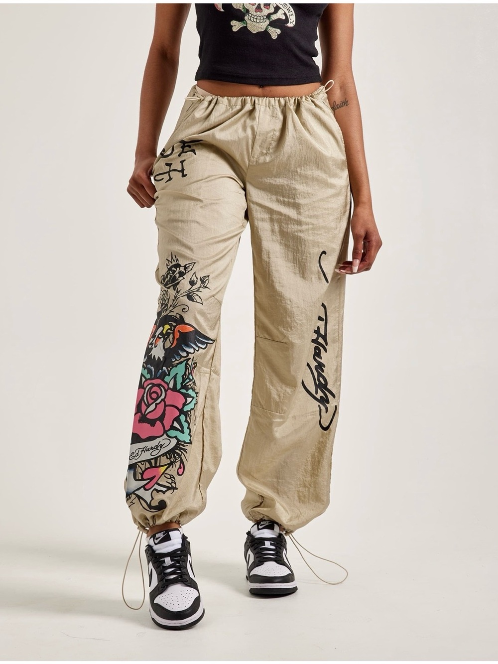 Ed Hardy Y2K Womens S Nylon Track Pants Eagle Rose Tattoo Graphic Parachute